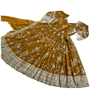 Robe Anarkali Salwar Kameez Traditionnelle Indienne et Pakistanaise Tendance pour Femme – Mariage, Hiver, Été – Soie Satinée Japonaise Moutarde - Product Image 1