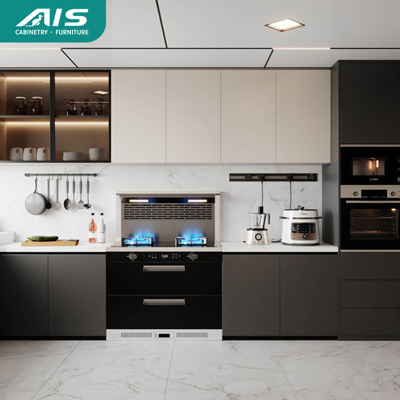 AIS 2025 Brown Melamine Design Solid Wood Kitchen Cabinet With Handle ...