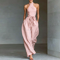 Combinaison Halter Femme Dos Nu Croisé Devant Jambes Larges Ceinture à Nouer Élégante Une Pièce Personnalisable Logo Été