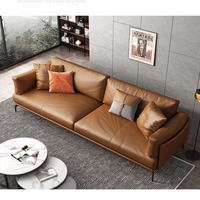 Ensemble de canapés de bureau en cuir grainé orange de luxe italien pour les salles de direction et la réception de bureau, meubles de restaurant en bois faits à la main