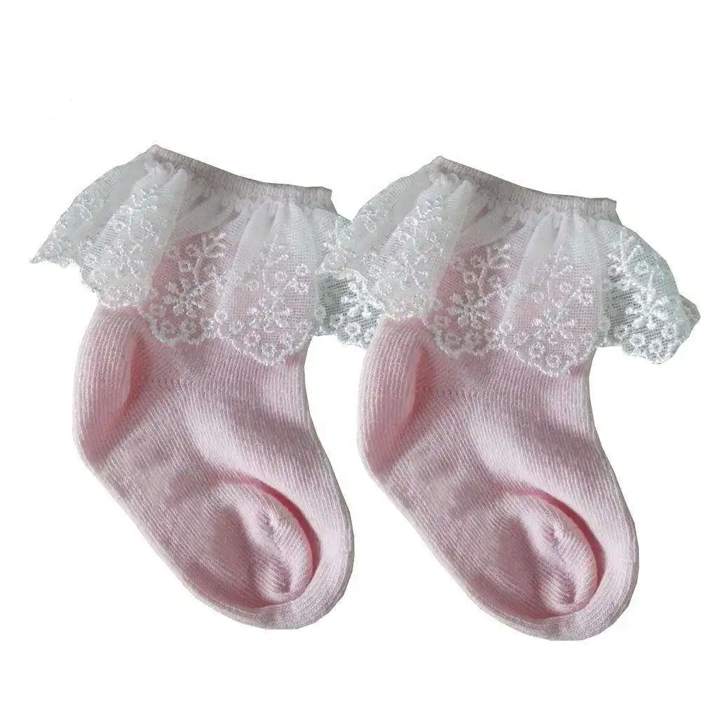 New born baby girl lace ruffle frilly ankle socks pink cotton lace boot cuff short socks for toddlers