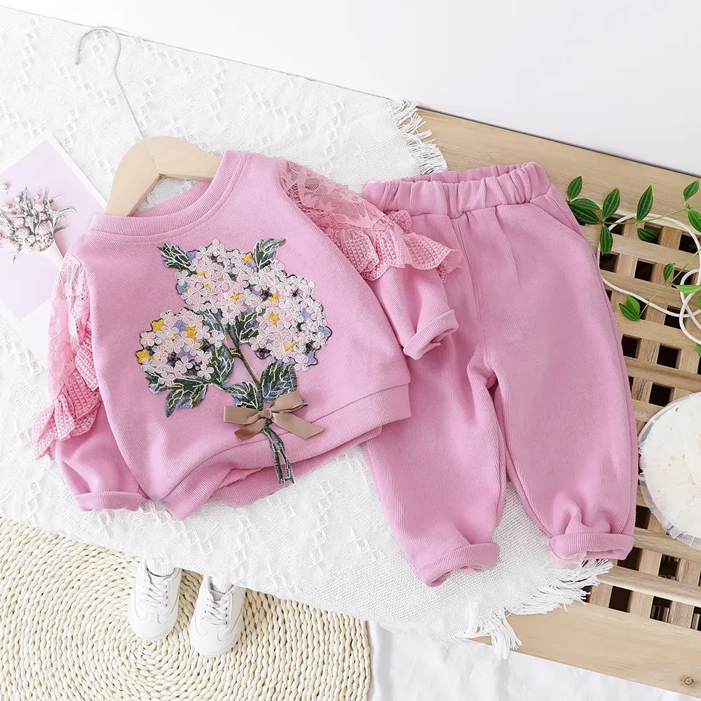 2023 Baby Girls Clothing Sets Beautiful Flowers Embroidered T Shirt Pants Toddler Infant Clothes Children Vacation Costume