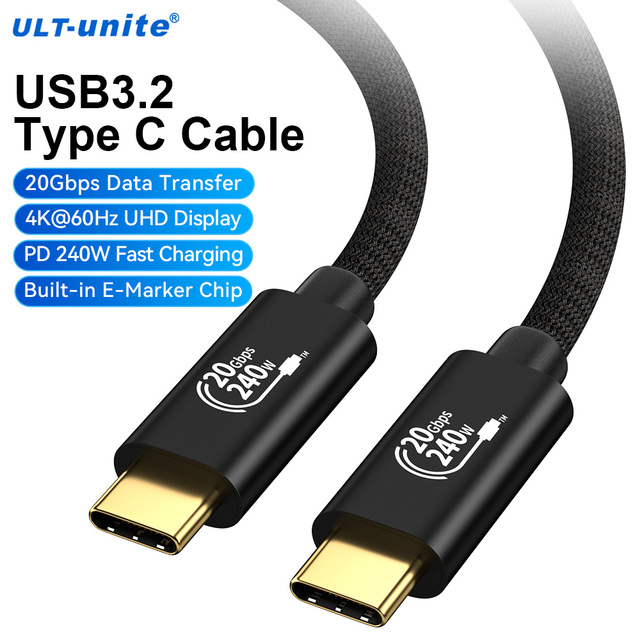 ULT-unite Aluminum Alloy Shell Braided USB3.2 Type C Cable 1M/1.5M/2M PD240W Fast Charging 20Gbps Data Transfer Braided Jacket