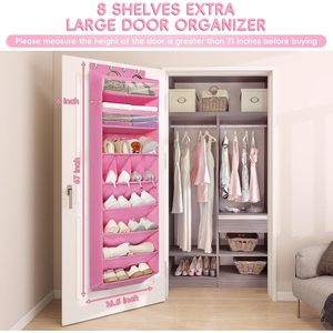 Organisateur de chaussures à suspendre sur la porte, 8 étagères, 68 pouces de profondeur, avec poches, pour rangement de placard, rose - Product Image 2