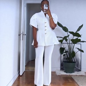 S11215 Tenues d'été pour femmes, haut élégant à manches bouffantes boutonnées + pantalon droit, ensemble deux pièces, vêtements de bureau - Product Image 5