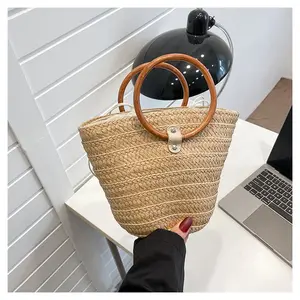 Trendy And Fashionable Wooden Bracelet Woven Bucket Bag Vacation Beach Handbag