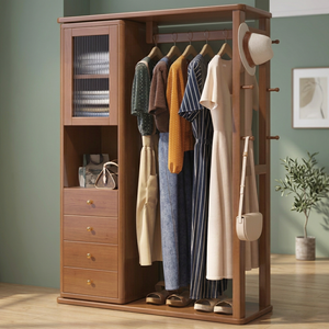 Porte-manteau moderne en bois massif avec 6 crochets et 4 étagères, meuble de rangement multifonctionnel autoportant pour chambre et salon - Product Image 2