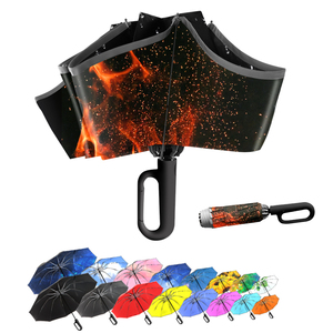 Wholesale Portable D-Shape Buckle Reverse Folding Umbrella Custom Logo UV Printing Sun Rain Protection Plastic Handle Travel
