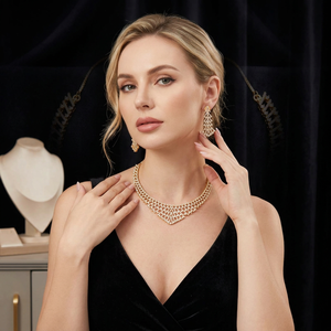 Luxury Gold Plated Brass Cubic Zirconia Jewelry Set Geometric CZ V Shape <b>Statement</b> <b>Necklace</b> Long Drop Earrings Set - Product Image 3