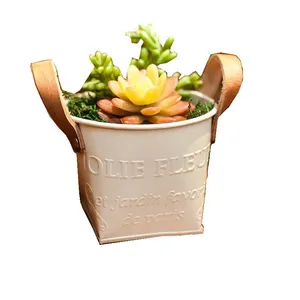 WHY363 Creative Metal Tin Flower Pot Leather Handle Pitcher Jug Potted Vase Home Decorative Iron Art Flower Bucket Pot