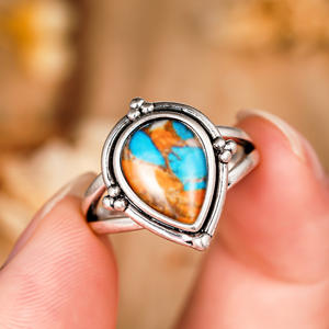 Anello in Argento con Turchese a Goccia, Montatura a Castone, Argento Sterling 925, Stile Vintage, Gioiello Unisex T0970 - Product Image 4