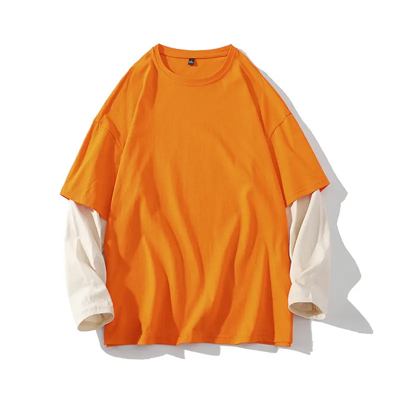 Individueller Siebdruck Grafik Vintage 2 in1 Unisex Baumwolle Tee Herren einfarbig Übergröße doppellagig lange Ärmel verblasstes Acid-Wash-T-Shirt