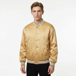 STORM FIT Men's Golden Satin Bomber Jacket Regular Fit <b>Stand</b> Collar Button Solid Color Casual Breathable Windproof Vintage - Product Image 4