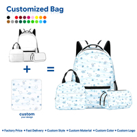 Sac à dos personnalisé bleu clair imperméable avec fermeture éclair, imprimé géométrique, écologique et respirant, ensemble trois pièces avec sac à déjeuner et trousse à crayons