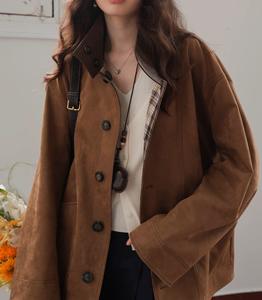 Giacca Autunnale Vintage da Donna, <span class=keywords><strong>Trench</strong></span> <span class=keywords><strong>Marrone</strong></span> Monopetto con Decorazione in Pelliccia di Coniglio, Tessuto Scamosciato Traspirante - Product Image 1