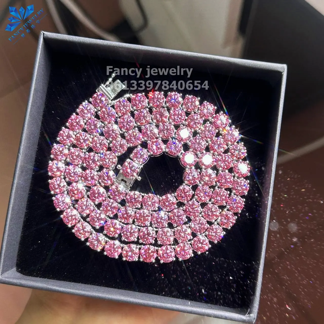 Iced Out Pass Diamond Tester 1CT 6.5MM VVS Colored Moissanite 925S Silver Necklace Pink Moissanite Tennis Chain