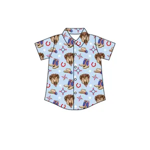 moq 5 Summer children's clothing western denim printed button-down shirt full milk silk fabric high quality boys clothing