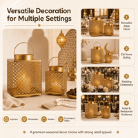 Lot de lanternes de luxe en métal doré pour le Ramadan, style marocain ajouré géométrique, pour la décoration de la maison et des mariages de l'Aïd