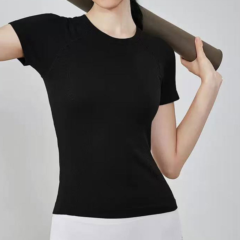 Women Skinny Fit Yoga Workout T-Shirt Short Sleeve Breathable Quick Dry Four-Way Stretch 100% Nylon Seamless Mesh Crew Front