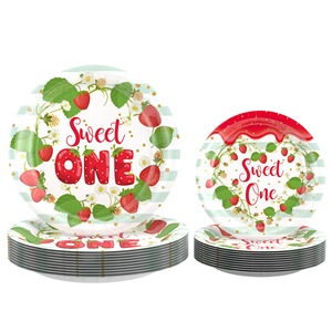 Plato de papel para fiesta de cumpleaños con temática de <span class=keywords><strong>fresa</strong></span>, vaso de papel, pastel de frutas de verano para niños, decoración, juego de cubiertos de revelación de género - Product Image 4