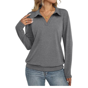 T-shirts décontractés en maille respirante à manches longues pour femmes, style professionnel, col en V, ourlet à bande, motif imprimé, logo - Product Image 1