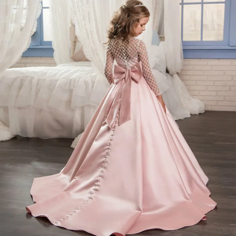 Nimble Luxury Custom Made Dài Tay Satin Bóng Gown Cho Trẻ Em Dài Đuôi Lớn Nơ Thanh Lịch Hoa Cô Gái Dresses Wedding