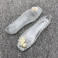 Sandales plates basses pour femmes, escarpins à bout carré, printemps/été, blanches, ornées de perles de riz, à bout fermé, chaussures en cristal, rétro, imperméables
