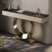 Console de couloir moderne avec plateau en pierre frittée marbrée, pieds en acier inoxydable et tiroirs de rangement