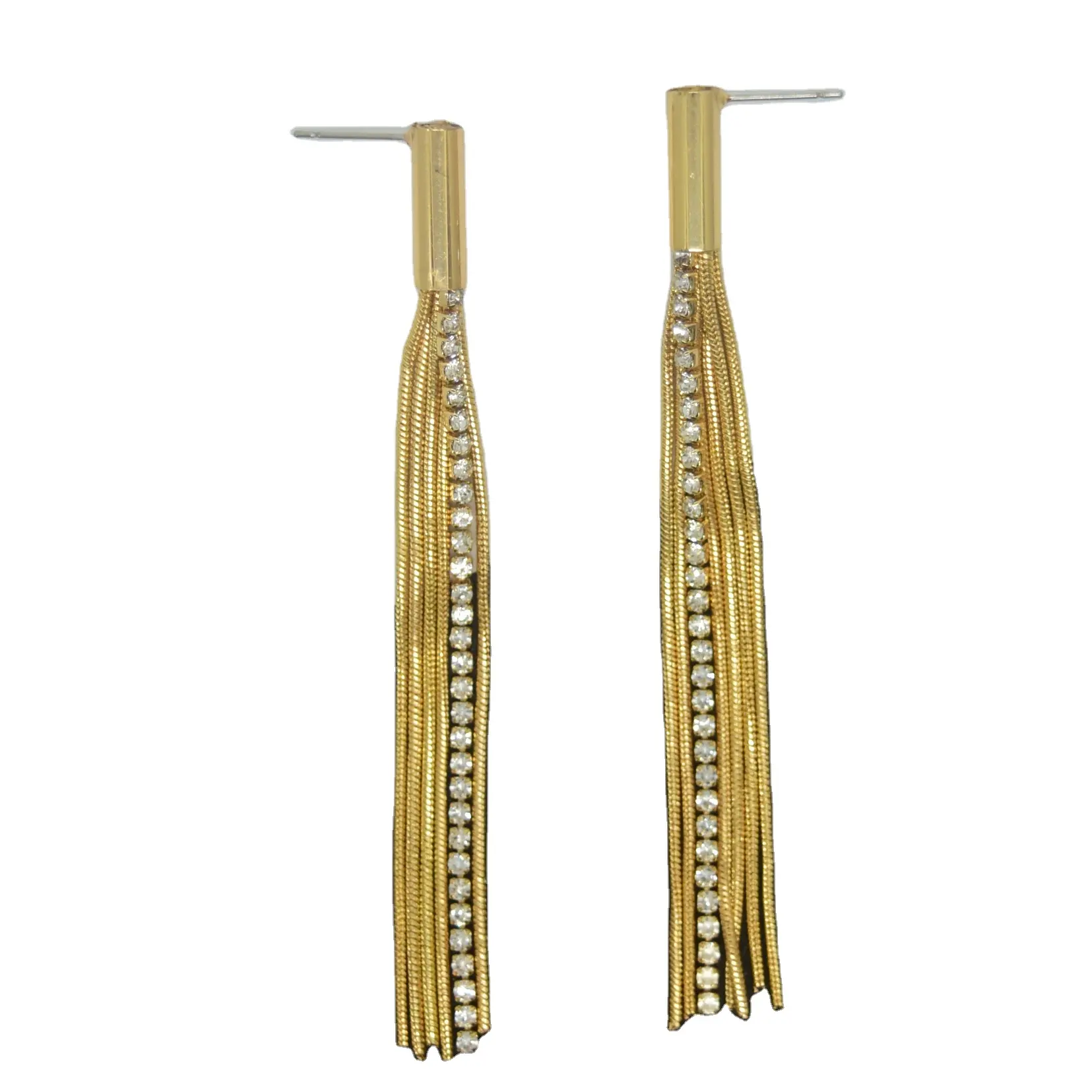 Fashionable high-end long metal copper tassel earrings luxury exaggerated rhinestone crystal earrings for women