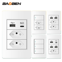 Panel de PC Ignífugo, Enchufe Estándar Brasileño, Toma de Corriente Doble USB Tipo C, Interruptor de Luz de Pared para Oficina, 118*72mm, Blanco, 10A 20A