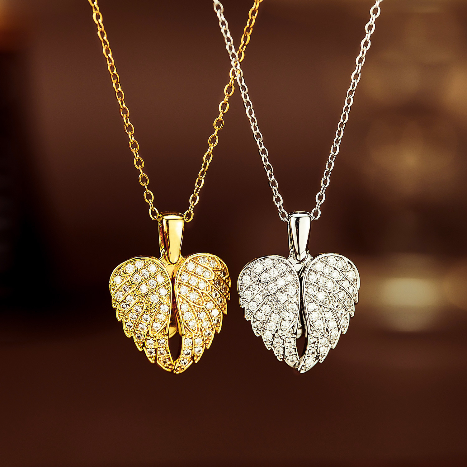 Gold Plated Angel Wing Heart Necklace - 35 CZ Stones, Gift Box Included