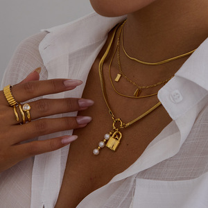 Fashion Jewelry <b>Set</b> For Women Stainless Steel Pearl Lock Design Party Elegant Necklace <b>Bracelet</b> Earrings Ring <b>Set</b> - Product Image 3