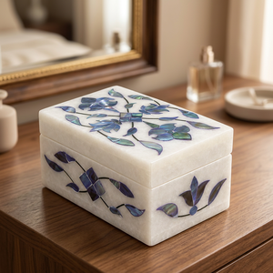 Stonecrafts International Modern Rectangular Inlay Engraved Jewelry <b>Box</b> Blue Mother Pearl <b>Floral</b> Pattern Thanksgiving <b>Storage</b> - Product Image 2