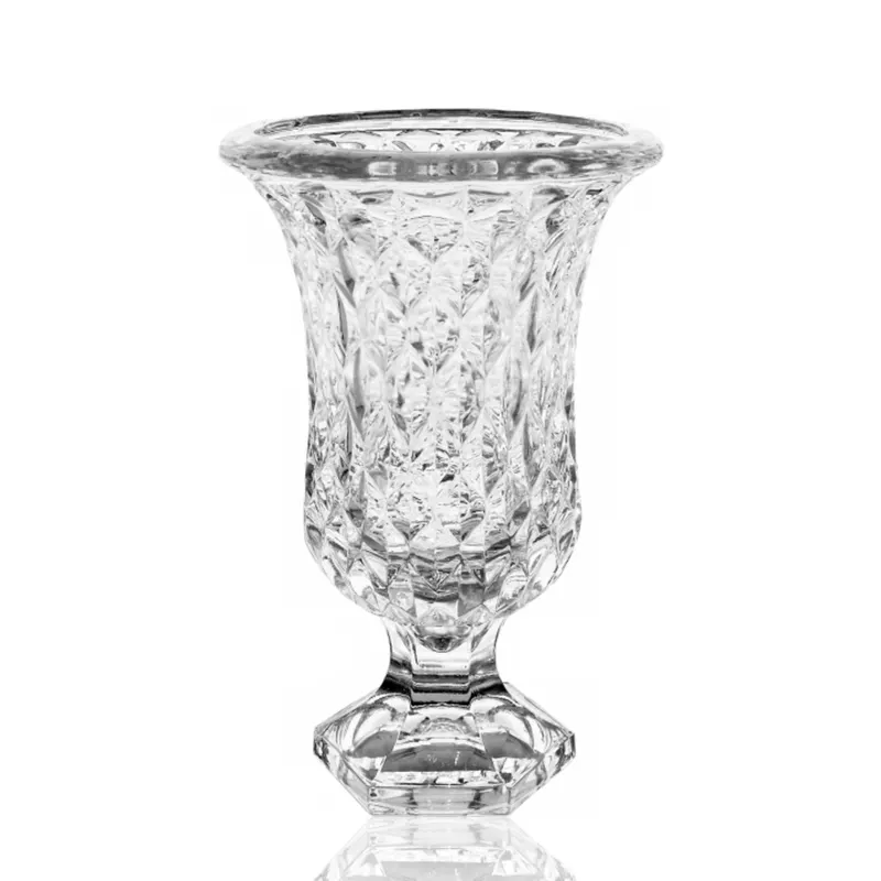 Vasi di cristallo del piede alto di nozze in rilievo di vendita calda per i centrotavola grandi