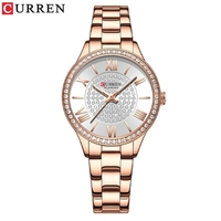 Montre à quartz CURREN 9084 de luxe, mode sport, avec cadran rose orné de diamants, bracelet en alliage d'acier inoxydable pour femme