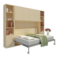 Lit escamotable dissimulé et pliable grande taille, moderne et peu encombrant, avec cadre en bois et panneaux de contreplaqué, rangement mural et garde-robe