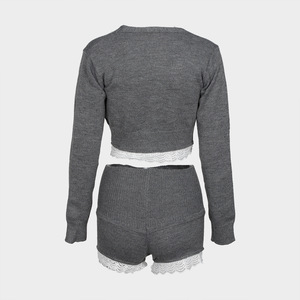2025 nuevo otoño mujer lindo conjunto de punto de encaje Patchwork Crop Sweater Shorts conjunto de 2 piezas Sexy Lady Y2K conjunto de dos piezas de punto para mujer - Product Image 5