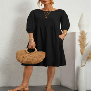 Vestido Casual de Verano para Mujer, de Algodón y Lino, Holgado, Cuello Redondo, Manga Corta, Vestidos de Mujer - Product Image 3