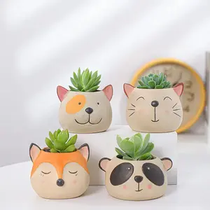 Vente en gros Petit pot de fleur en céramique pour animaux de renard et chat mignon, jardinière de bureau pour intérieur et extérieur