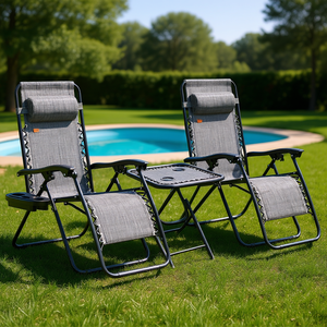 ชุดเก้าอี้ปรับเอนแบบไร้แรงโน้มถ่วง สีเทา 3 ชิ้น พร้อมโต๊ะข้าง สำหรับใช้ริมสระน้ำ กลางแจ้ง สวน ใช้โครงเหล็กสไตล์ร่วมสมัย - Product Image 2