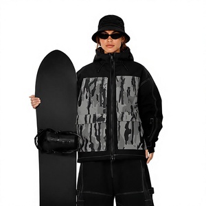 Women's Black Hooded Waterproof Ski <b>Jacket</b> With Gray Camouflage Panels Zipper Closure Synthetic Insulation Outdoor Wear - Product Image 3