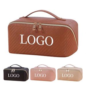 Custom Waterproof Portable Open Flat With Handle Large Capacity Pu Cosmetic Bag Toiletries Make up Organizer Travel Makeup Bag - Product Image 1