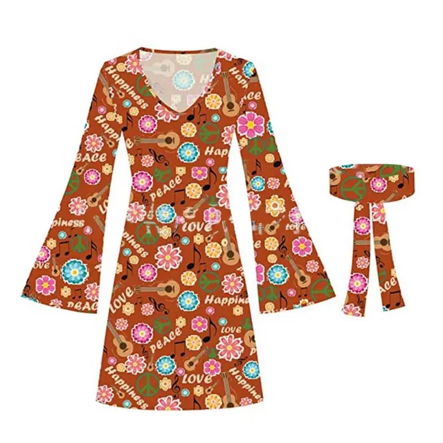 Women's Floral Print V-Neck Disco 1960 Dance Dress Long Flared Sleeve  Halloween Party Dress with Headband Game Costumes| Alibaba.com