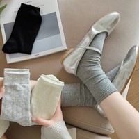 Chaussettes en maille respirante pour femmes, longueur classique, couleur unie, bord côtelé, chaussettes décontractées douces