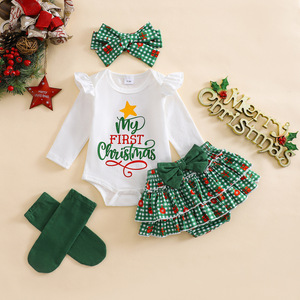 Set Natalizio per Neonati 4 Pezzi in Puro Cotone: Body 'Il Mio Primo Natale', Gonna a Quadri, Fiocco per Capelli + Calzini per Foto Festive - Product Image 6