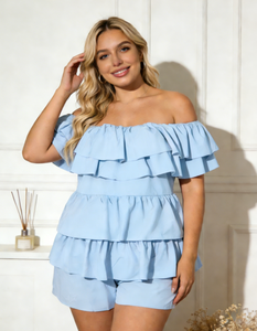 Combinaison d'été pour femme Joyinspring, taille plus, bleu clair, épaules dénudées, volants superposés, séchage rapide, tricot, coupe régulière - Product Image 1