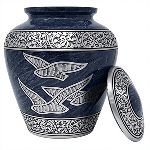 Traditional Urn with Silver Bird Engraving Round <b>Decorative</b> <b>Vase</b> for Sympathy Home Décor - Product Image 1