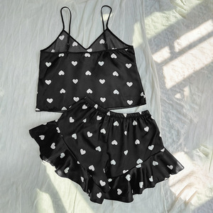 2025 gaya baru rajutan garis cetak hati bretel manis celana pendek suspender pakaian rumah piyama natal wanita baju tidur malam set - Product Image 2