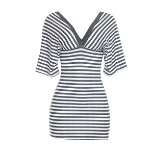 Vestido Viviblook C26DS256 para Mujer, Verano, Nuevo, Estampado a Rayas, Cuello en V, Espalda Descubierta, Manga Corta, Mini Vestido Ajustado - Product Image 4