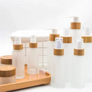 Fabricação de frasco de vidro cosmético para loção e toner, frasco conta-gotas de bambu vazio fosco 60ml 100ml 120ml para cuidados com a pele ambiental